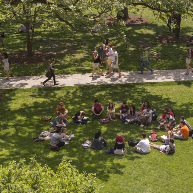 A class sits in a circle outside on a green campus quad